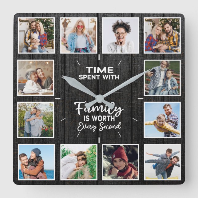 Custom 12 Family Foto Collage Schwarzes Holz Quadratische Wanduhr (Vorderseite)