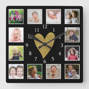 Custom 12 Foto Collage Black and Gold Herz Quadratische Wanduhr