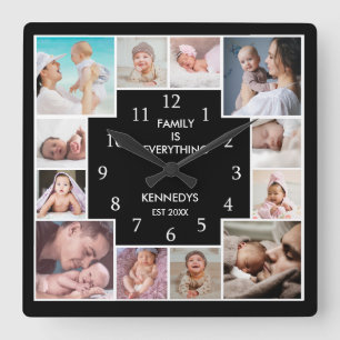 Custom 12 Foto Collage Familie ist alles Schwarz Quadratische Wanduhr