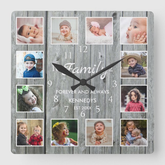 Custom 12 Foto Collage Family Forever Gray Wood Quadratische Wanduhr (Vorderseite)