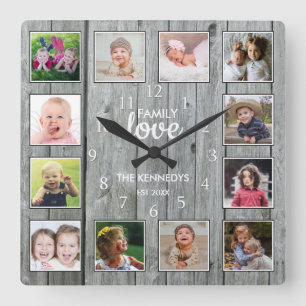 Custom 12 Foto Collage Family Liebe Grauholz Quadratische Wanduhr