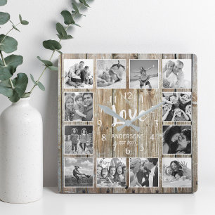 Custom 12 Foto Collage Family Liebe veredelt Holz Quadratische Wanduhr