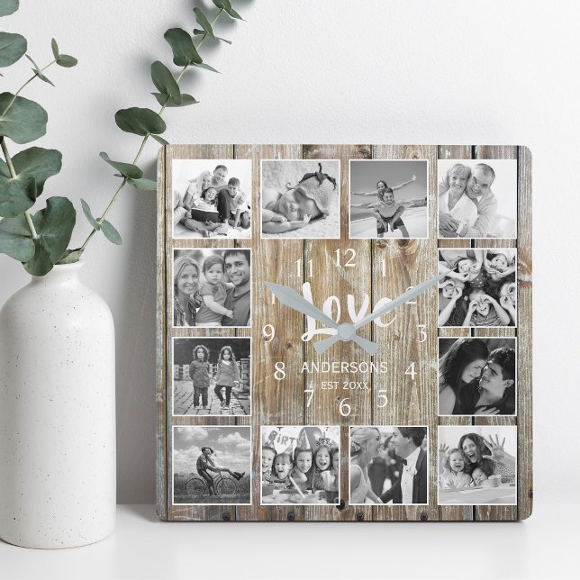 Custom 12 Foto Collage Family Liebe veredelt Holz Quadratische Wanduhr (Von Creator hochgeladen)