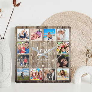 Custom 12 Foto Collage Family Liebe veredelt Holz Quadratische Wanduhr