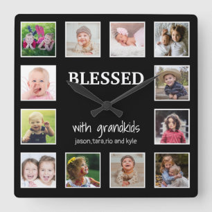 Custom 12 Foto Collage gesegnet mit Großkindern Quadratische Wanduhr