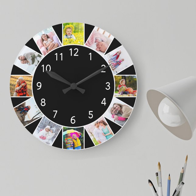 Custom 12 Foto Collage Gray Black Round Große Wanduhr (Photo clock with 12 photos, one at each hour. Great design for your home or a thoughtful photo gift.)