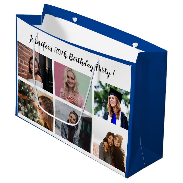 Custom 12 Foto Collage Name Happy Birthday Party Große Geschenktüte (Vorderseite Schrägansicht)