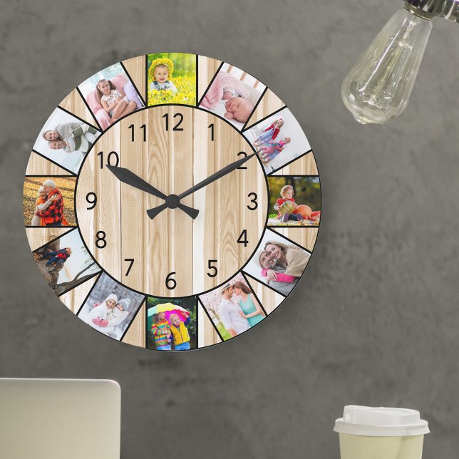 Custom 12 Foto Collage Pine Wood Round Große Wanduhr (Photo clock with 12 photos, one at each hour. Great design for your home or a thoughtful photo gift.)