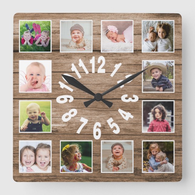 Custom 12 Foto Collage Rahmen veredelt Holz Quadratische Wanduhr (Vorderseite)