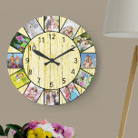 Custom 12 Foto Collage Rustic Cream Wood Round Große Wanduhr<br><div class="desc">Erstellen Sie Ihre eigene einzigartige Wanduhr. Dieses Vintage, cremefarbene Holzdesign hat schwarze Zahlen und wird sich durch die moderne und rustikale Bauerndekoration auszeichnen. Die Fotovorlage ist für Sie bereit, 12 Ihrer Lieblings-Fotos hinzuzufügen. Das Set ist für Sie bereit. Fügen Sie Ihre Bilder von oben im Uhrzeigersinn hinzu und schalten Sie...</div>
