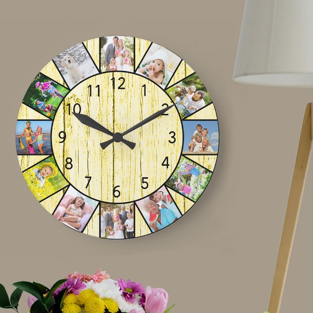 Custom 12 Foto Collage Rustic Cream Wood Round Große Wanduhr (Photo clock with 12 photos, one at each hour. Great design for your home or a thoughtful photo gift.)