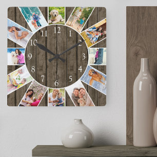Custom 12 Foto Collage Rustic Dunkel Wood Quadratische Wanduhr