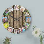 Custom 12 Foto Collage Rustic Natural Wood Round Große Wanduhr<br><div class="desc">Erstellen Sie Ihre eigene, einzigartige Wanduhr. Die Fotovorlage ist für Sie bereit, 12 Ihrer Lieblings-Fotos hinzuzufügen. Fügen Sie Ihre Bilder von oben im Uhrzeigersinn hinzu und schalten Sie sie um, um das gewollt Aussehen zu erhalten. Dieses natürliche Holzdesign hat schwarze Zahlen und wird mit modernem und rustikalem Bauernhaus-Dekor großartig aussehen....</div>