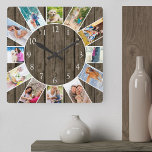 Custom 12 Foto Collage Rustikales Dunkles Holz Quadratische Wanduhr<br><div class="desc">Erstellen Sie Ihre eigene, einzigartige Wanduhr mit 12 Ihrer Lieblings-Fotos. Die Fotovorlage ist für Sie bereit, um Ihre Bilder im Uhrzeigersinn von oben hinzuzufügen. Das Set ist für Sie bereit. Dieses attraktive, dunkle Holzdesign mit weißen Zahlen wird mit modernem, rustikalem und Bauernhaus-Dekor großartig aussehen. Für dieses Design werden quadratische Instagram-...</div>