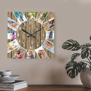 Custom 12 Foto Collage Rustikales Naturholz Quadratische Wanduhr