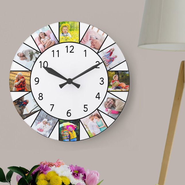 Custom 12 Foto Collage White Round Große Wanduhr (Photo clock with 12 photos, one at each hour. Great design for your home or a thoughtful photo gift.)