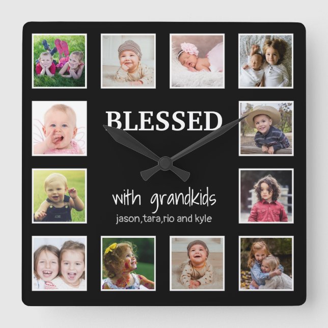 Custom 12 FotoCollage gesegnet mit Großkindern Quadratische Wanduhr (Vorderseite)