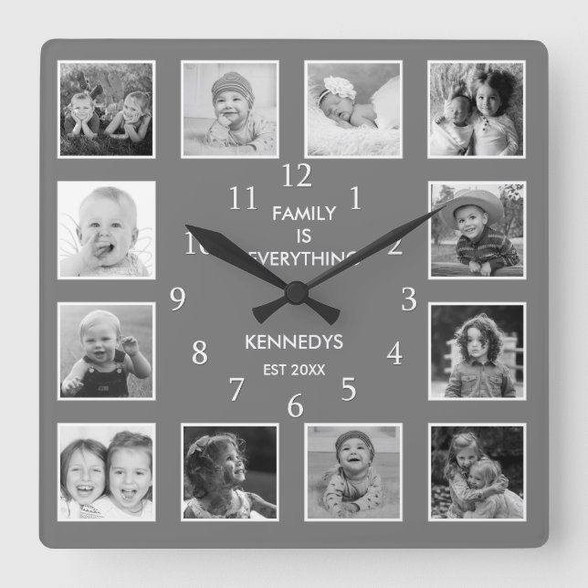 Custom 12 Schwarz-Weiß FotoCollage grau Quadratische Wanduhr (Vorderseite)