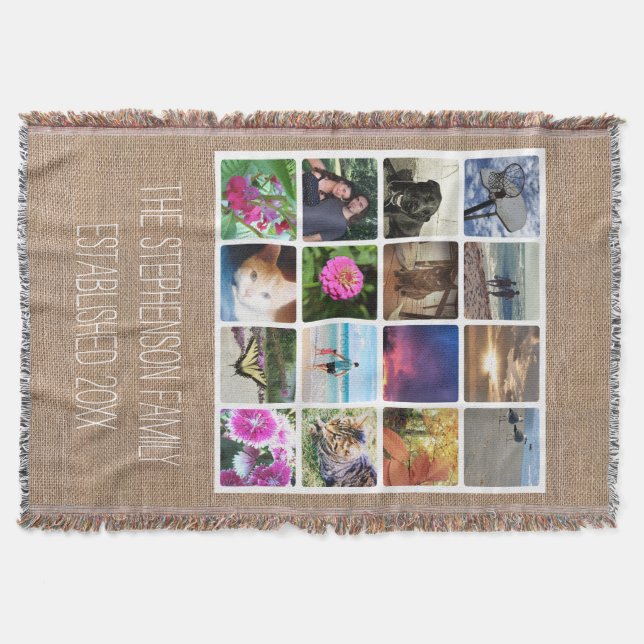 Custom 16 Foto Collage Burlap-Look Mosaik Bild Decke (Vorderseite)
