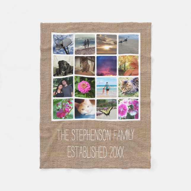 Custom 16 Foto Collage Burlap-Look Mosaik Bild Fleecedecke (Vorderseite)