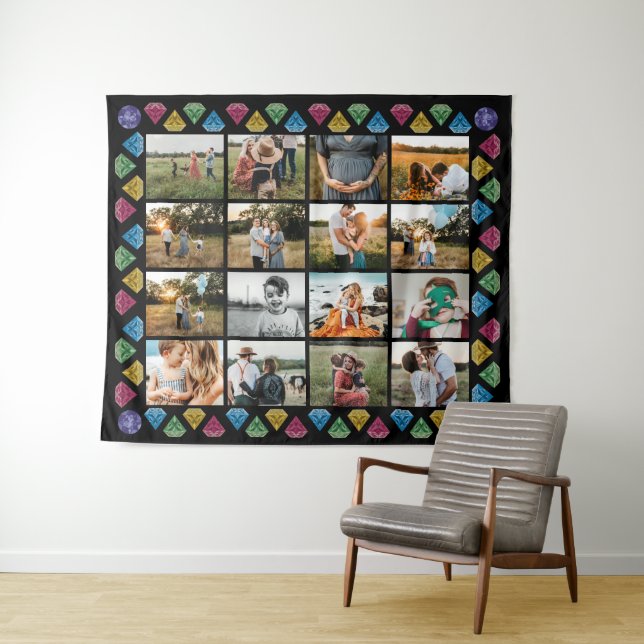 Custom 16-Foto Collage Diamond große Wand hängen Wandteppich (Beispiel (Horizontal))