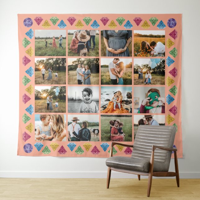 Custom 16-Foto Collage Diamond Jumbo Wall Hängend Wandteppich (Beispiel (Horizontal))