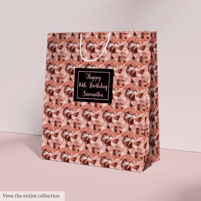 Custom 16th Birthday Gift Bags Rose Gold and Black Mittlere Geschenktüte (Custom 16th Birthday Gift Bags Rose Gold and Black)