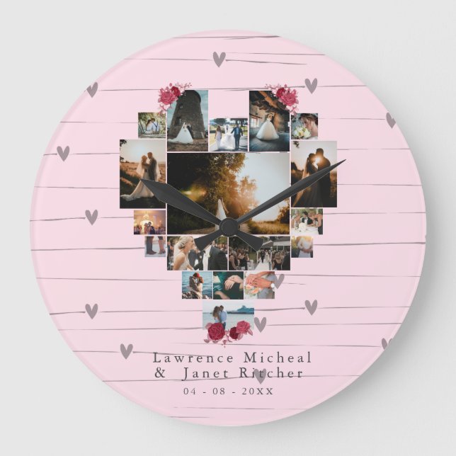 Custom 18 Herz geformt Foto Collage Paare Geschenk Große Wanduhr (Vorderseite)