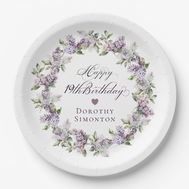 Custom 19 Birthday Lila Lilac Spring Blume Pappteller (Vorderseite)