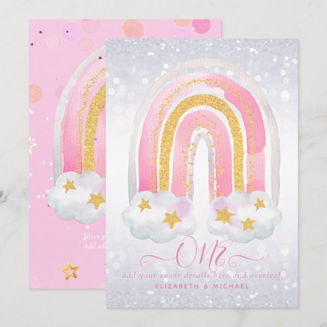 CUSTOM 1. BIRTHDAY Girly PInk Gold Glitzer Rainbow (Vorne/Hinten)