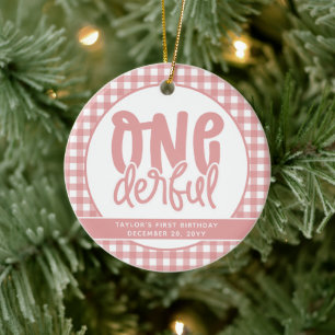 Custom 1. Geburtstag Niedlich Pastel Pink Onederfu Keramik Ornament