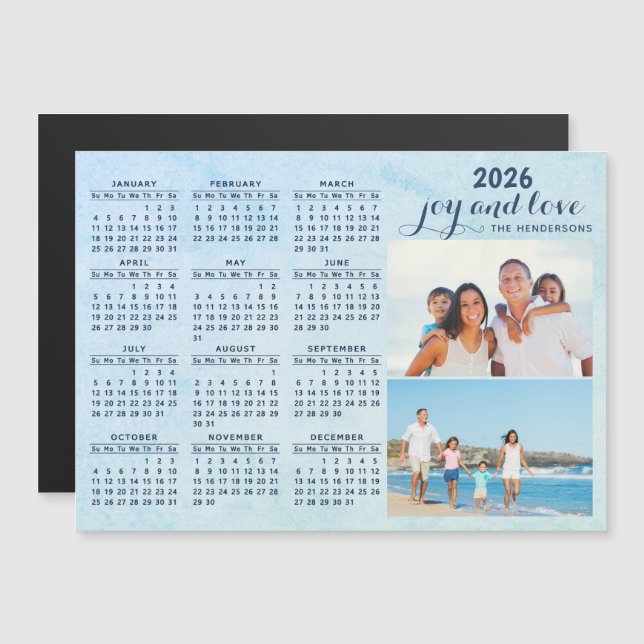 Custom 2026 Kalender Magnet zwei Foto Collage Blau (Vorne/Hinten)