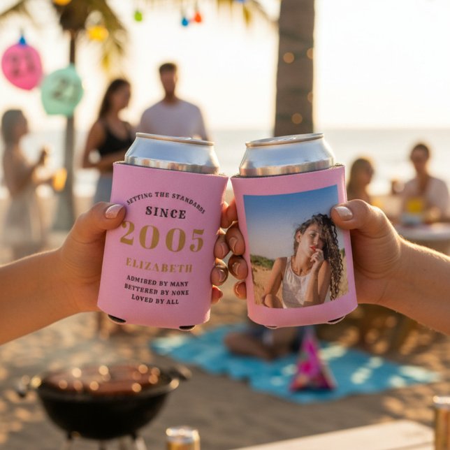 Custom 21st Birthday Pink Gold With Photo Dosenkühler (Two 21st Birthday pink can coolers showing front and rear with a beach background.)