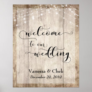 Custom 2 Brown Wood & Lights Wedding Willkommensze Poster