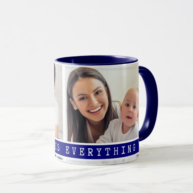 Custom 2 Foto Collage Family Picture Quote Blue Tasse (VorderseiteRechts)