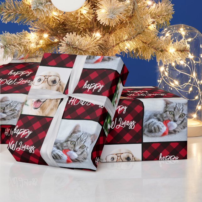 Custom 2 Foto Happy HOWLidays Red Buffalo Kariert Geschenkpapier (Feiertage)