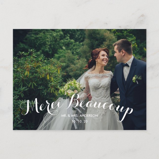 Custom 2 Foto Merci Beaucoup Wedding Vielen Dank Postkarte (Vorderseite)