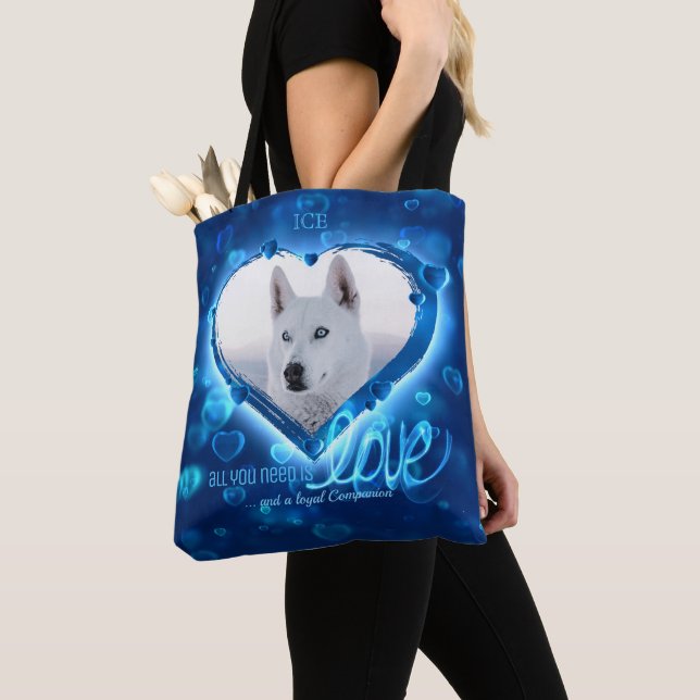 Custom 2 Foto, Pet Liebe Tribute Blue Neon Heart - Tasche (Von Nahem)