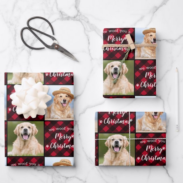 Custom 2 Foto Red Buffalo Kariert Frohe Weihnachte Geschenkpapier Set (Vorderseite)