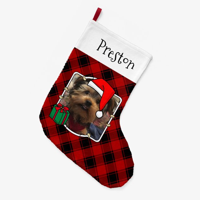 Custom 2 Foto Weihnachten Rot & Schwarz Karierten  Großer Weihnachtsstrumpf (Vorderansicht (hängend))