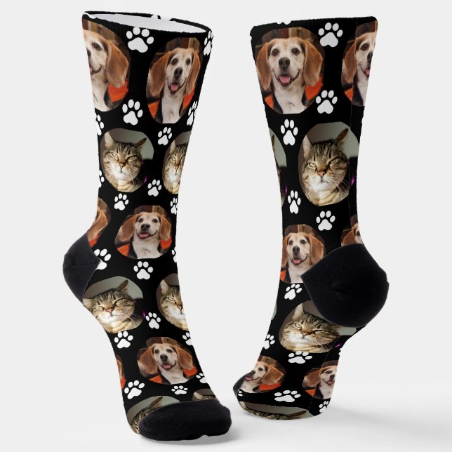 Custom 2 Pet Foto Black Paw Prints Socken (Gewinkelt)