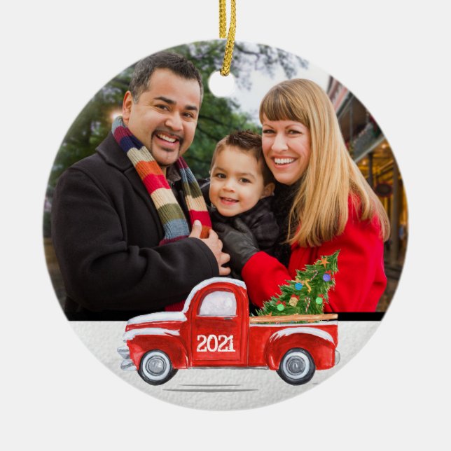 Custom 2-seitige Foto Red Truck Weihnachts Ce Keramik Ornament (Vorne)