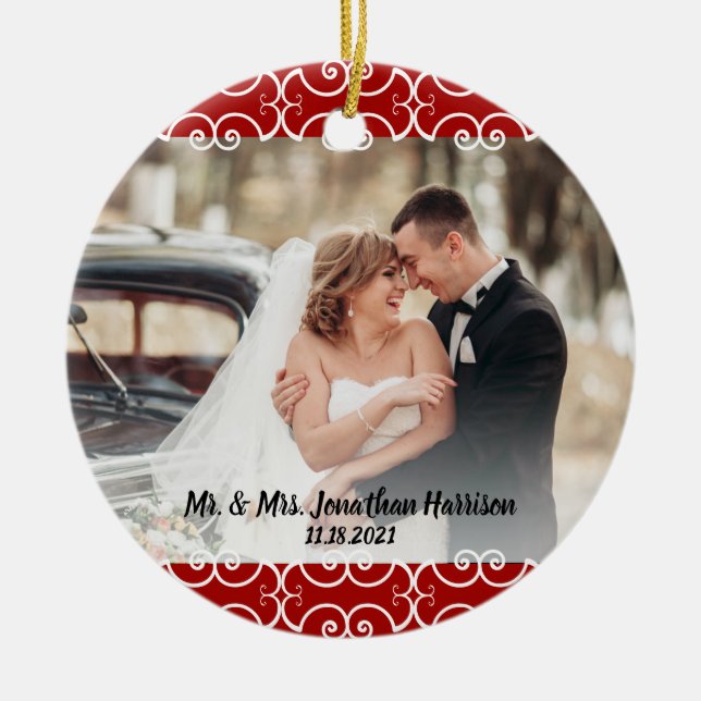 Custom 2 Sided Red White Elegant 2 Foto Hochzeit Keramik Ornament (Vorne)
