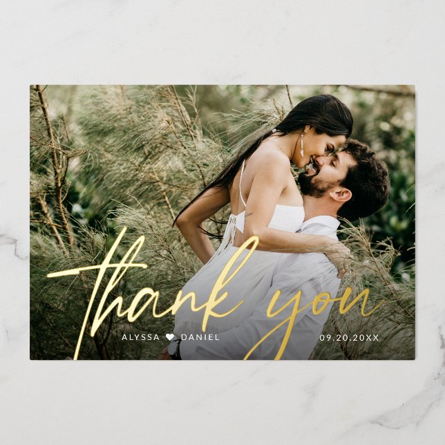 Custom 2 Wedding Fotos Danke, Script Gold Folieneinladung (Vorderseite)