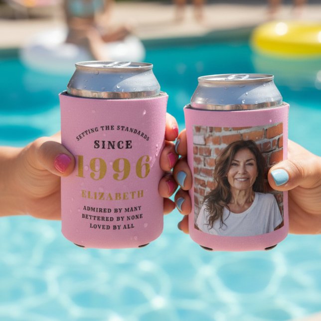 Custom 30th Birthday Pink Gold With Photo Dosenkühler (Two 30th birthday can coolers with a pool background.)