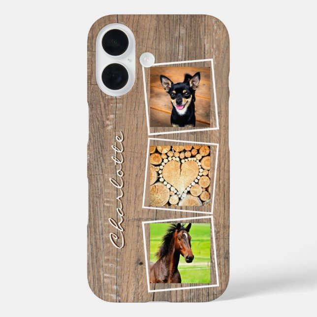 Custom 3 Foto Collage Rustic Wood Monogram Name iPhone 16 Hülle (Rückseite)