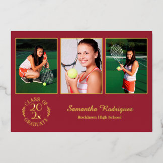 Custom 3 Foto Graduation Party Maroon und Gold Folieneinladung