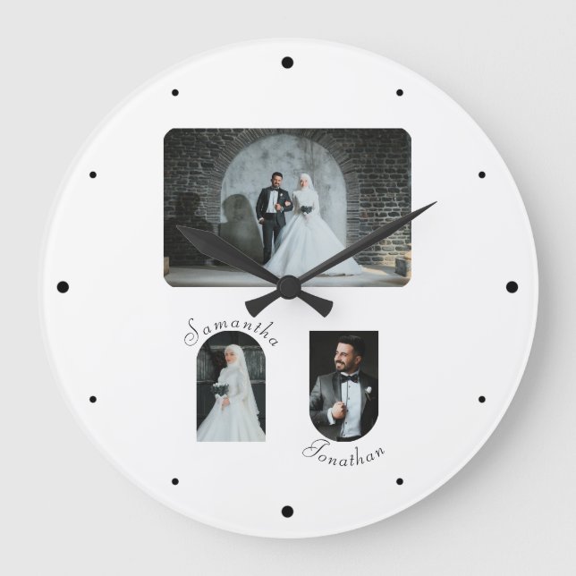 Custom 3 Foto Wedelwall Clock Große Wanduhr (Vorderseite)