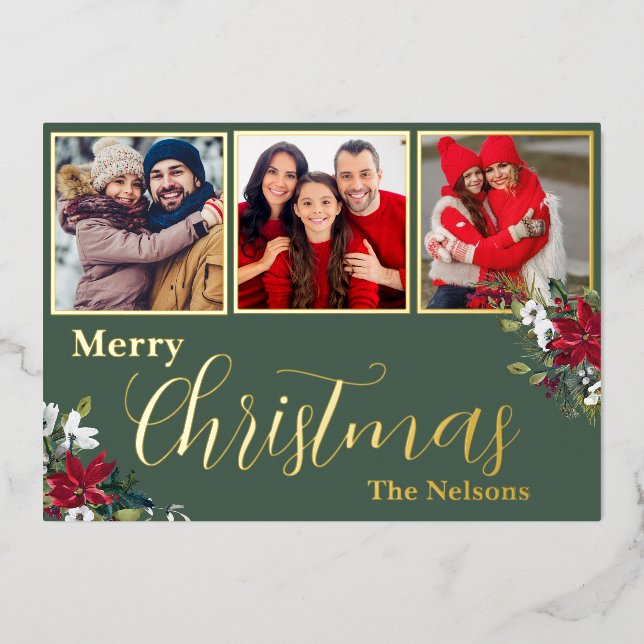 Custom 3 Foto Weihnachten Folien Feiertagskarte (Vorderseite)