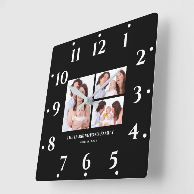 Custom 3 Sections Family Foto Collage Black Frame Quadratische Wanduhr (Winkel)